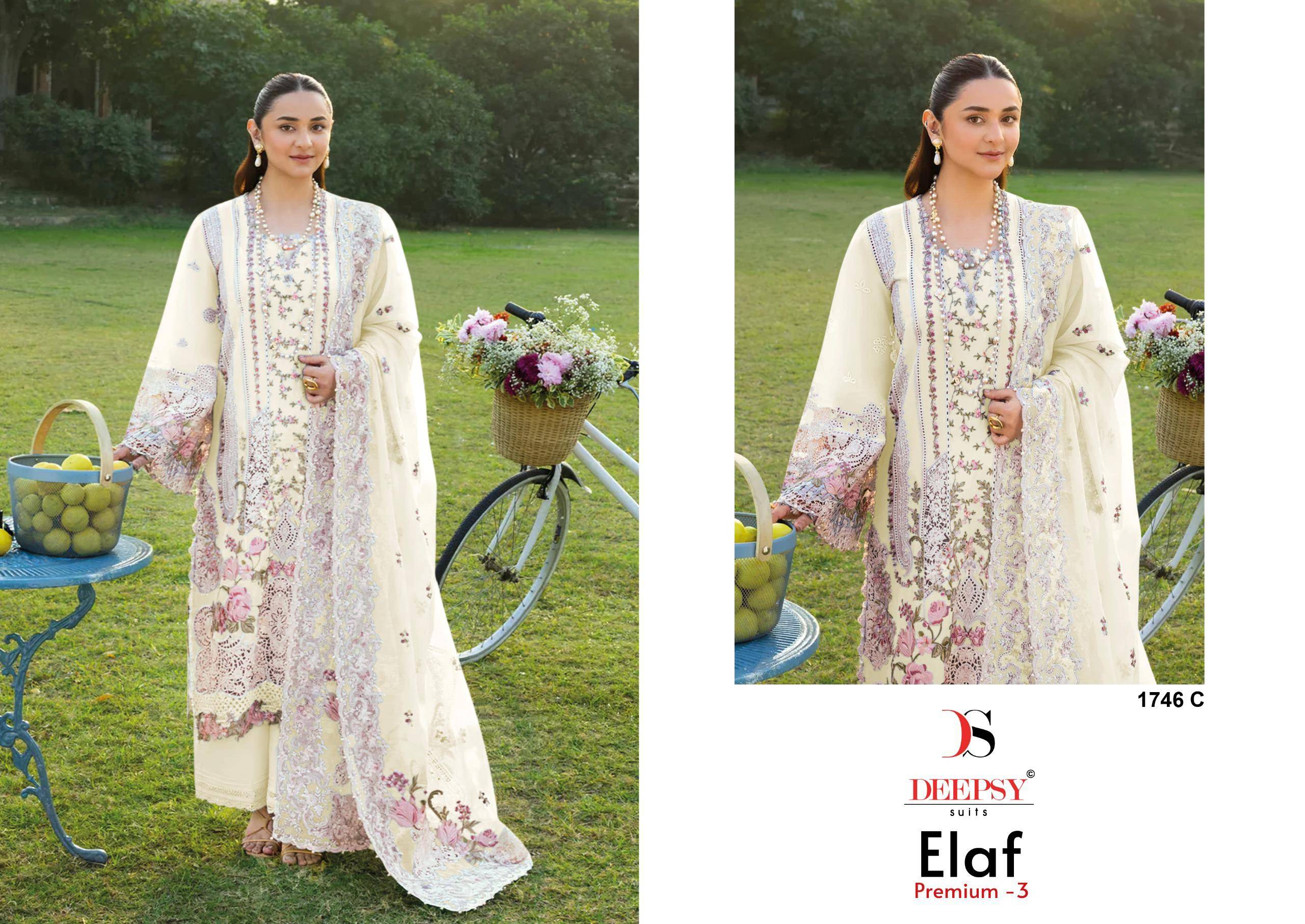 ELAF  Premium-3 Luxury Lawn by DEEPSY SUITS 1746 Series Beautiful Pakistani Suits Wear Pure Cotton Dresses At Wholesale Price